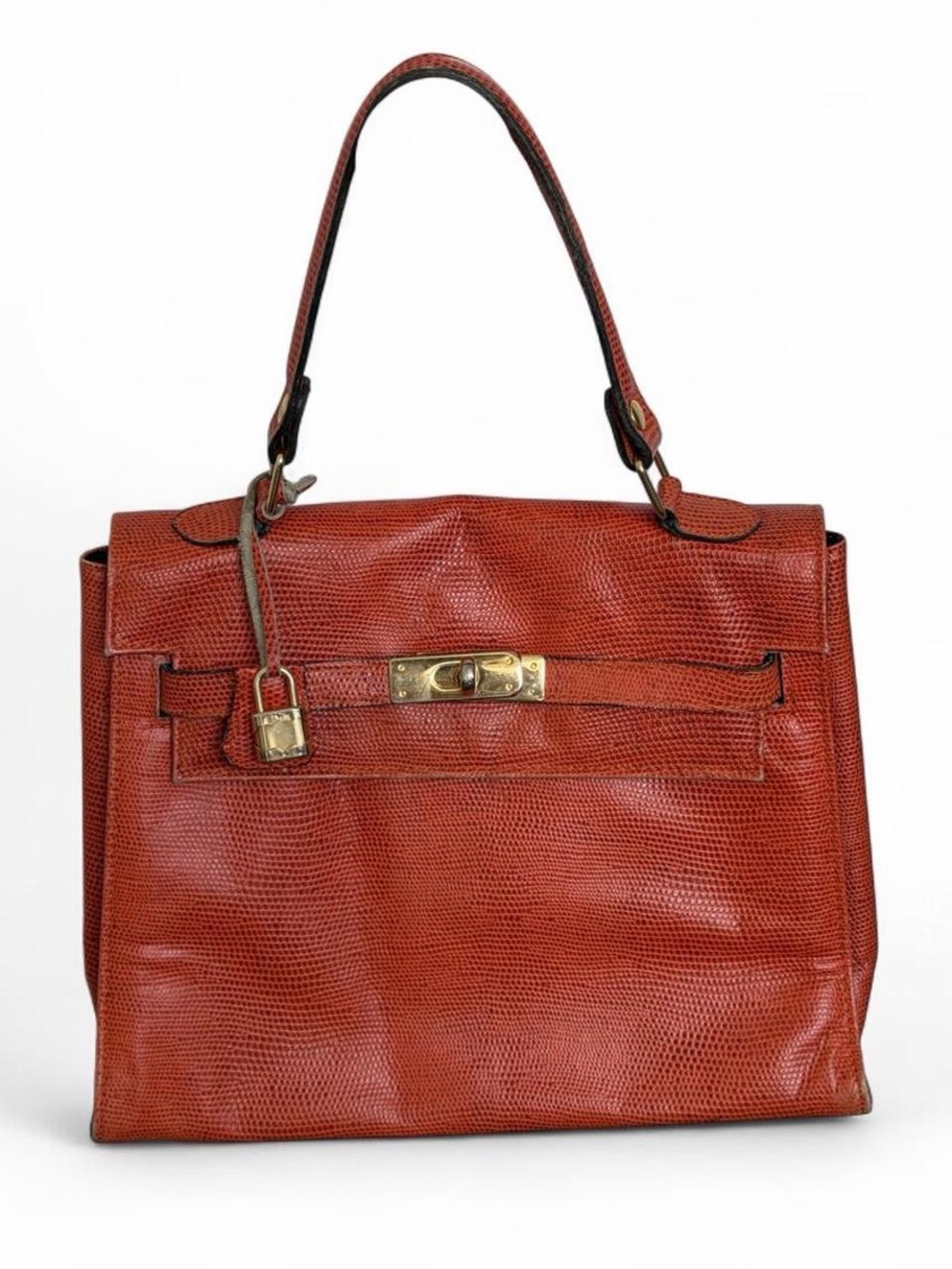 Vintage Gruppo Italiano Orange Lizard Embossed Leather Top Handle Bag